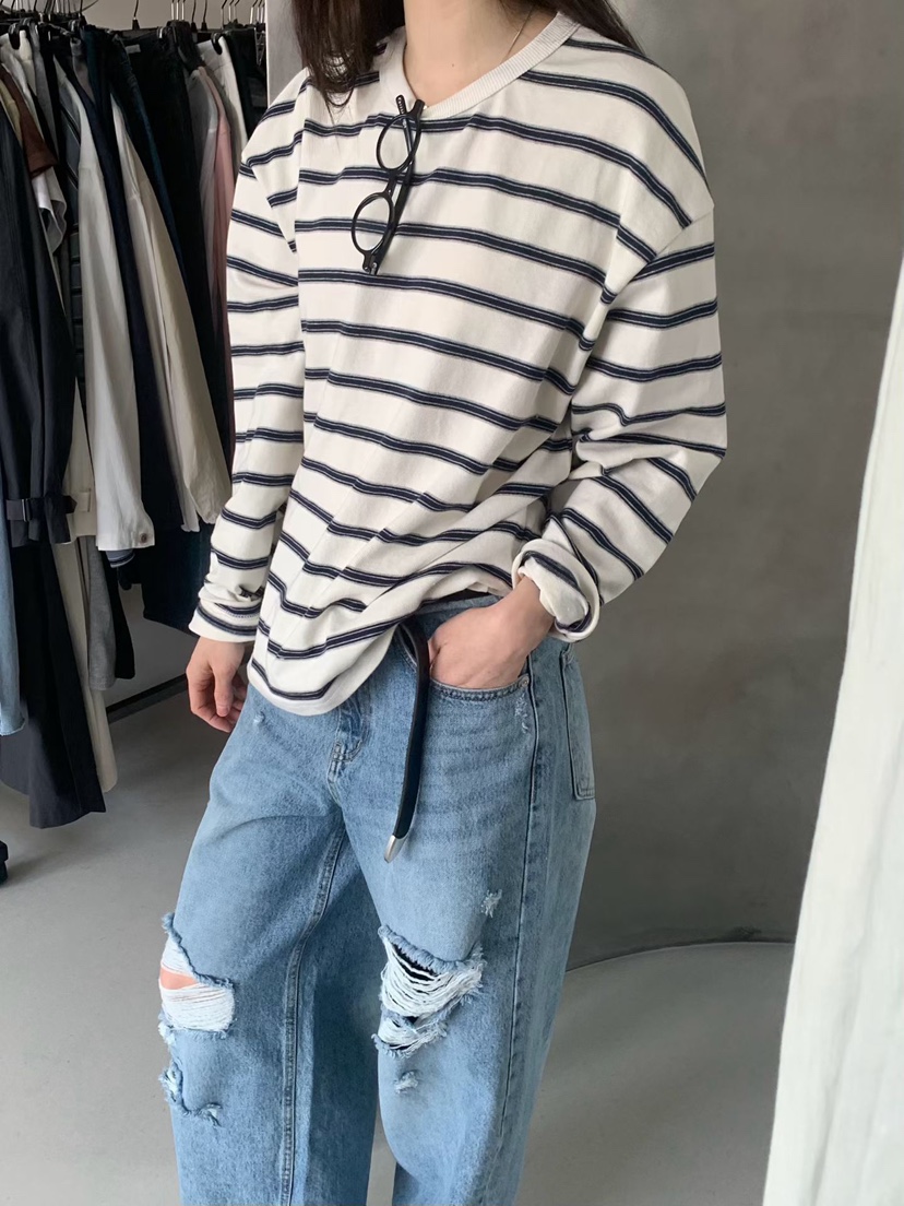 TAF東大門實拍女士新款推薦職業熱賣真品26春夏長袖T恤條紋TAF長袖T恤