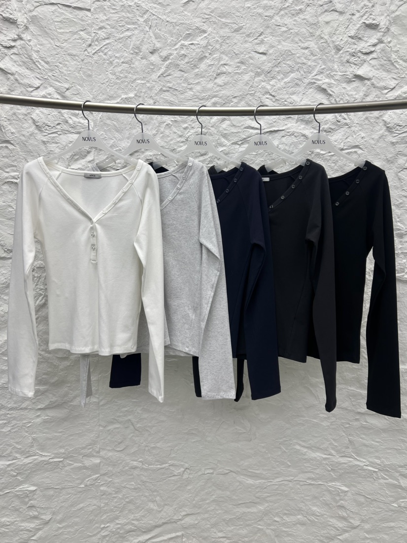 NOVUS東大門代購女裝新品推薦休閑真品職業長袖T恤V領紐扣NOVUS長袖T恤