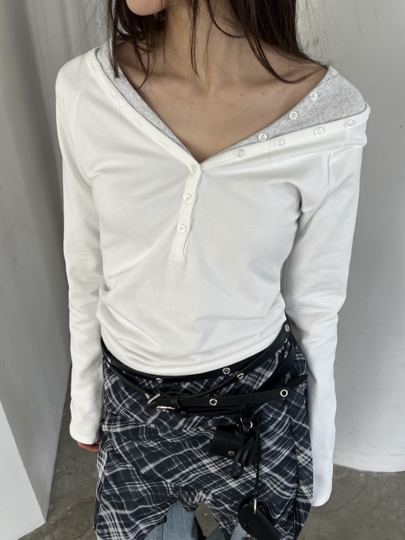 NOVUS東大門代購女裝新品推薦休閑真品職業長袖T恤V領紐扣NOVUS長袖T恤