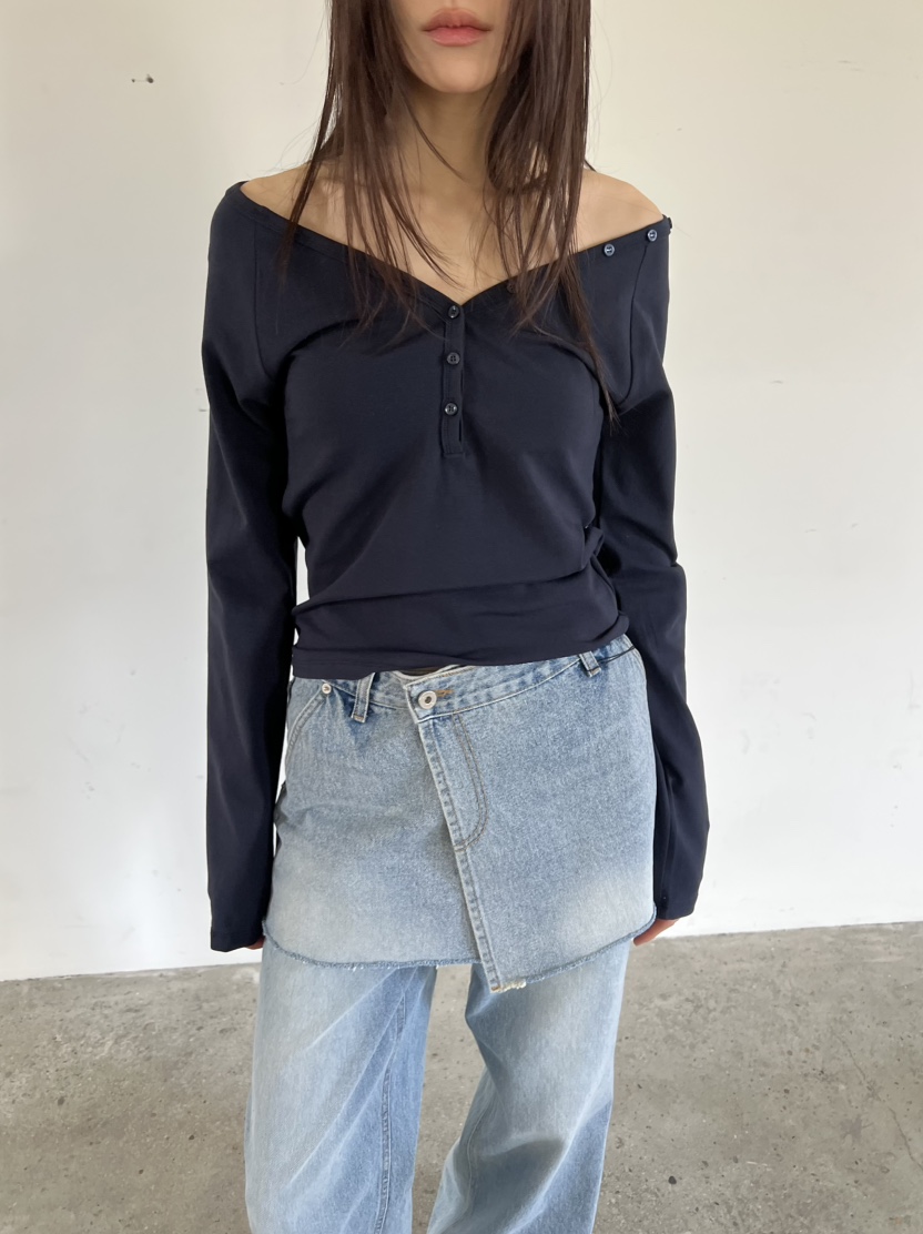 NOVUS東大門代購女裝新品推薦休閑真品職業長袖T恤V領紐扣NOVUS長袖T恤