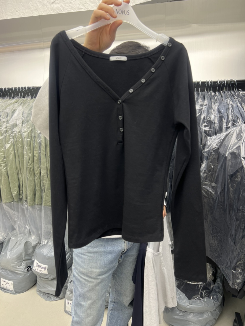 NOVUS東大門代購女裝新品推薦休閑真品職業長袖T恤V領紐扣NOVUS長袖T恤圖色5