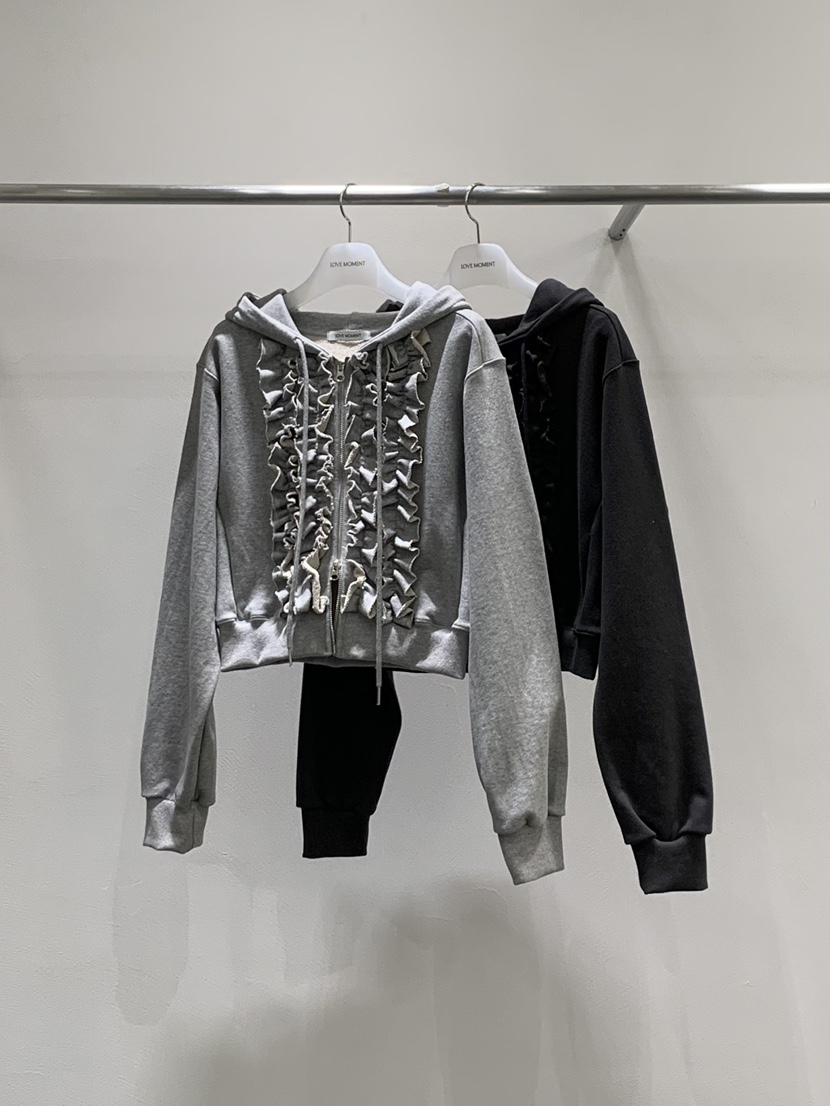 LOVE MOMENT東大門代購女士新品休閑衛衣連帽拉鏈衫荷葉邊LOVE MOMENT衛衣