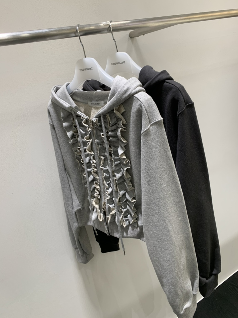 LOVE MOMENT東大門代購女士新品休閑衛衣連帽拉鏈衫荷葉邊LOVE MOMENT衛衣