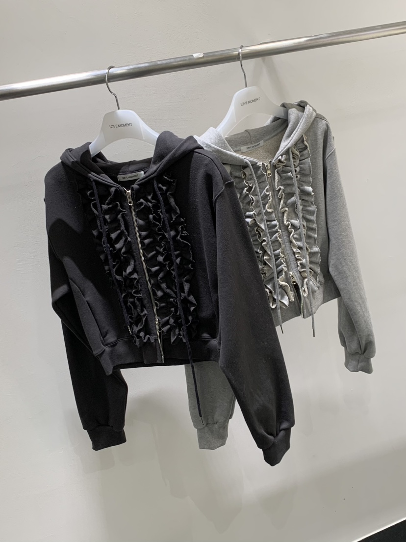 LOVE MOMENT東大門代購女士新品休閑衛衣連帽拉鏈衫荷葉邊LOVE MOMENT衛衣