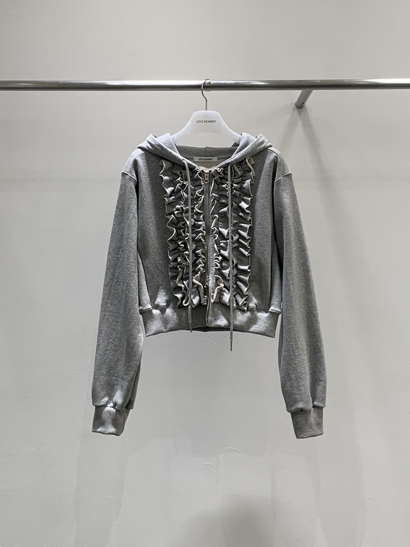 LOVE MOMENT東大門代購女士新品休閑衛衣連帽拉鏈衫荷葉邊LOVE MOMENT衛衣圖色1