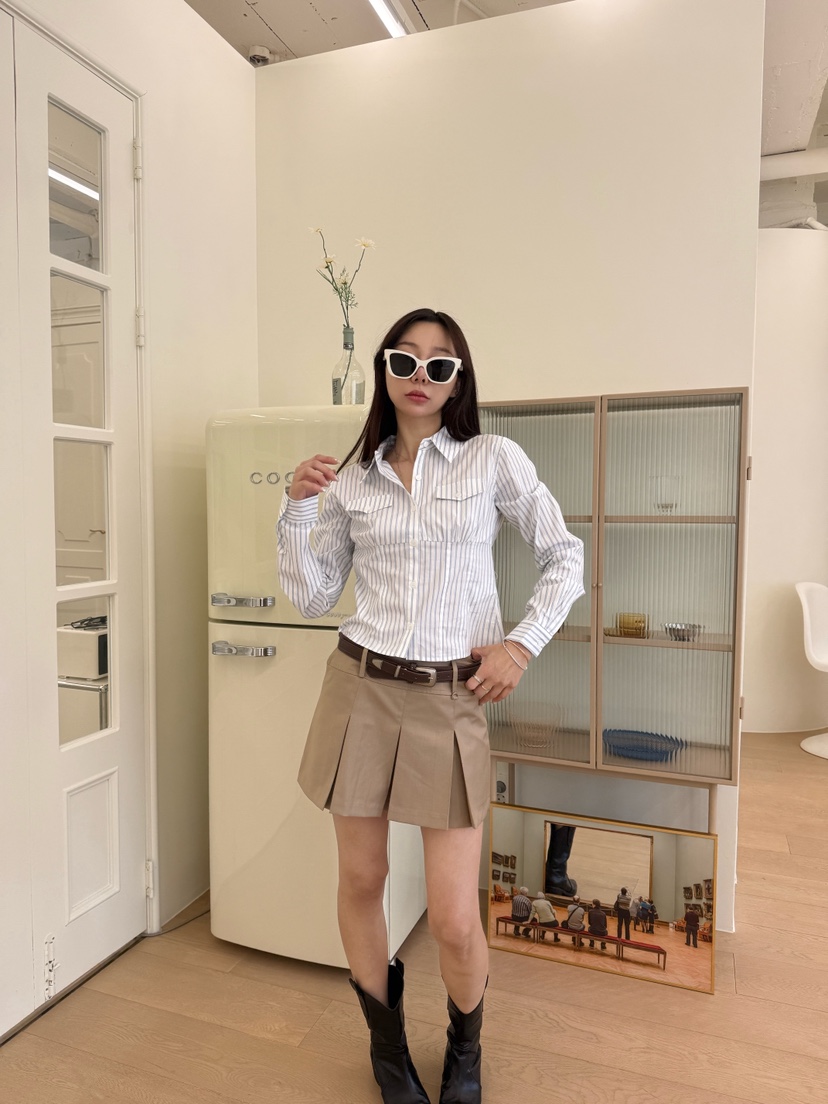 LUMIPLE韓國直郵女士新品熱賣職業推薦襯衫蕾絲衫口袋條紋LUMIPLE襯衫/蕾絲衫