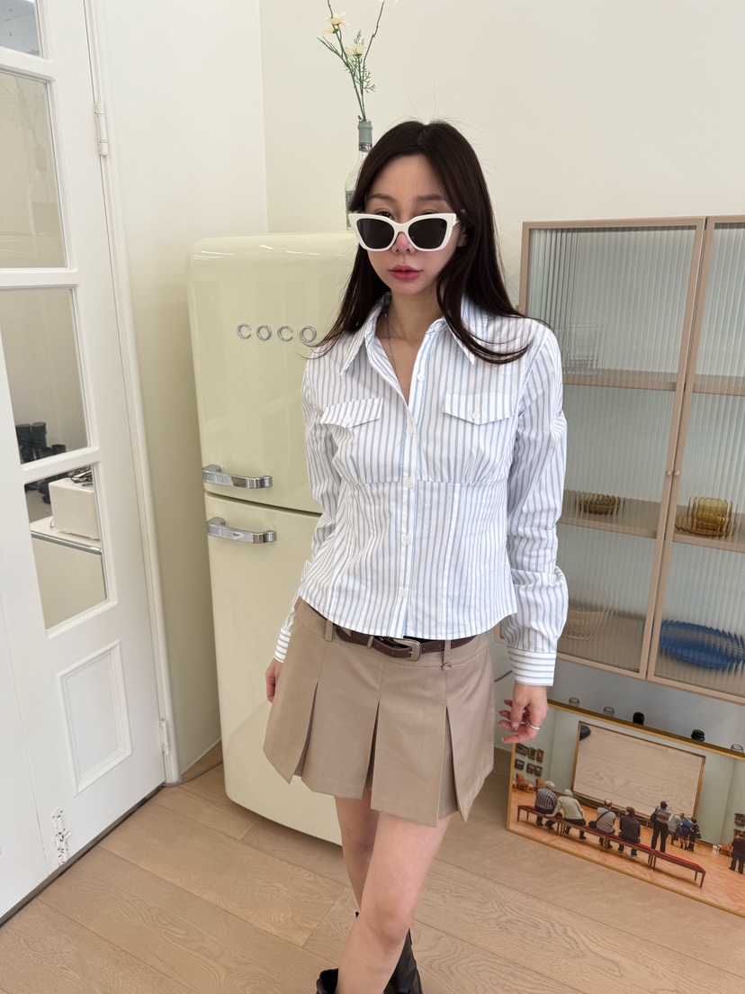 LUMIPLE韓國直郵女士新品熱賣職業推薦襯衫蕾絲衫口袋條紋LUMIPLE襯衫/蕾絲衫