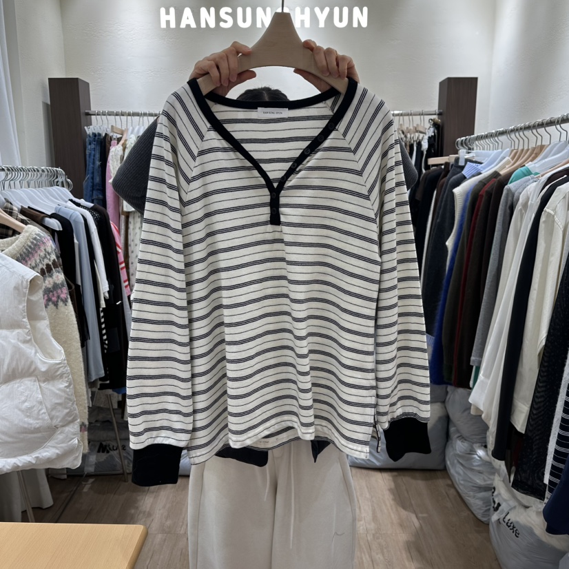 HANSUNGHYUN東大門直郵女士新品時尚職業長袖T恤條紋紐扣HANSUNGHYUN長袖T恤圖色1
