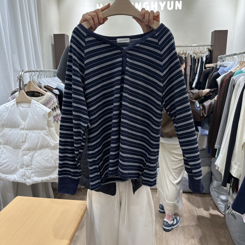 HANSUNGHYUN東大門直郵女士新品時尚職業長袖T恤條紋紐扣HANSUNGHYUN長袖T恤圖色2