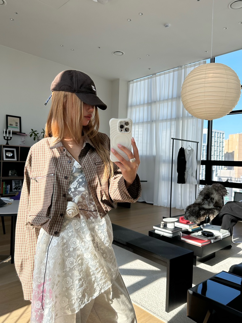 ZEROZERO韓國直郵女士新款人氣推薦真品襯衫蕾絲衫口袋格紋ZEROZERO襯衫/蕾絲衫