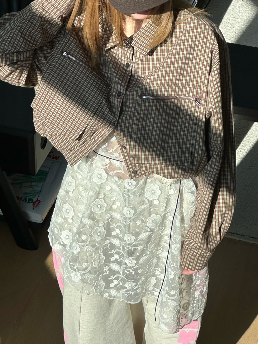 ZEROZERO韓國直郵女士新款人氣推薦真品襯衫蕾絲衫口袋格紋ZEROZERO襯衫/蕾絲衫圖色3