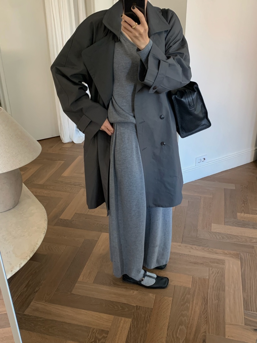 A Flan東大門實拍女裝新品熱賣職業時尚長款風衣含腰帶雙層AFN/FLAN EDITION長款風衣