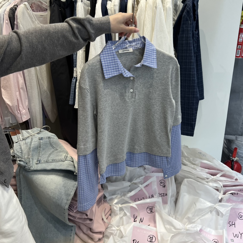 RIVEROOM東大門直郵女裝新品職業26春夏人氣長袖T恤假兩件RIVEROOM長袖T恤圖色1