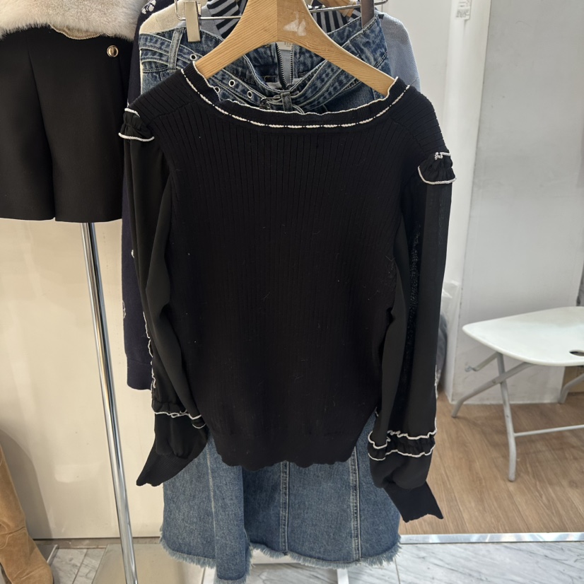 ABLESTUDIO韓國代購女裝新品休閑職業人氣針織衫荷葉邊雪紡ABLESTUDIO針織衫