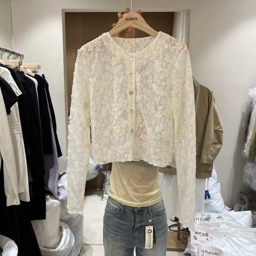 HOWFF韓國代購女裝新品時尚真品26春夏襯衫蕾絲衫刺繡蕾絲開衫HOWFF襯衫/蕾絲衫圖色1