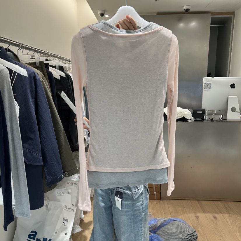 MEET ME韓國直郵女士新品推薦真品職業26春夏長袖T恤假兩件MEET ME長袖T恤