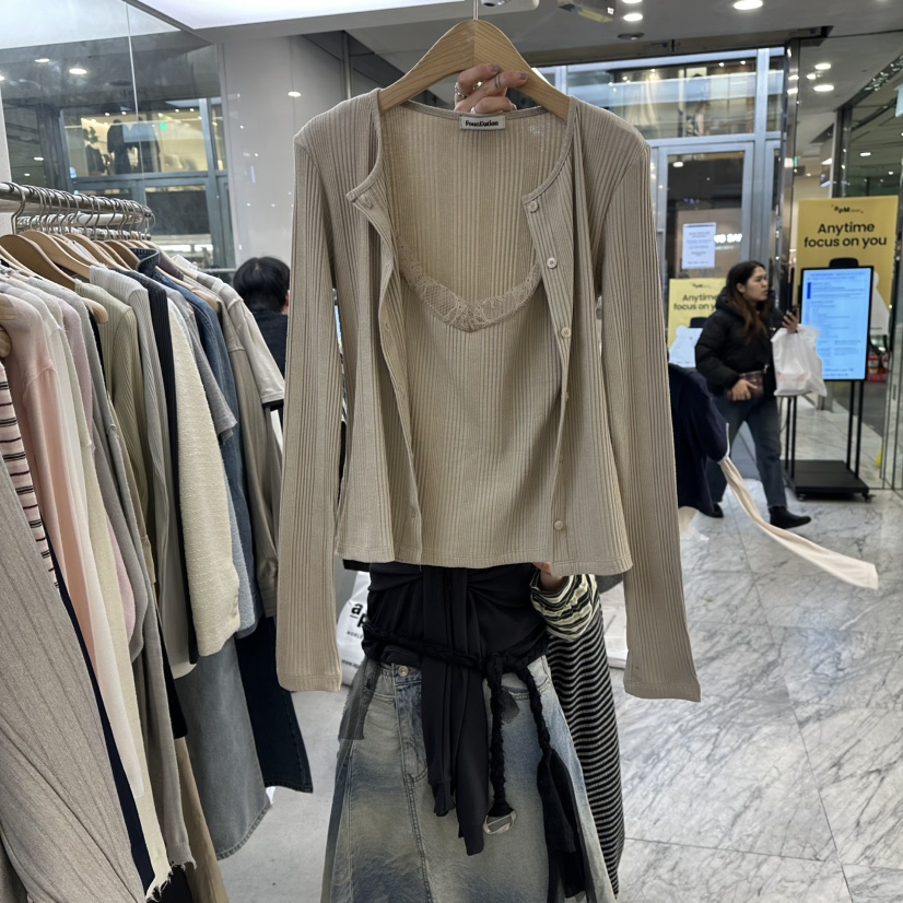 FOUNDATION東大門直郵女士新款休閑針織衫假兩件蕾絲開衫FOUNDATION針織衫圖色3