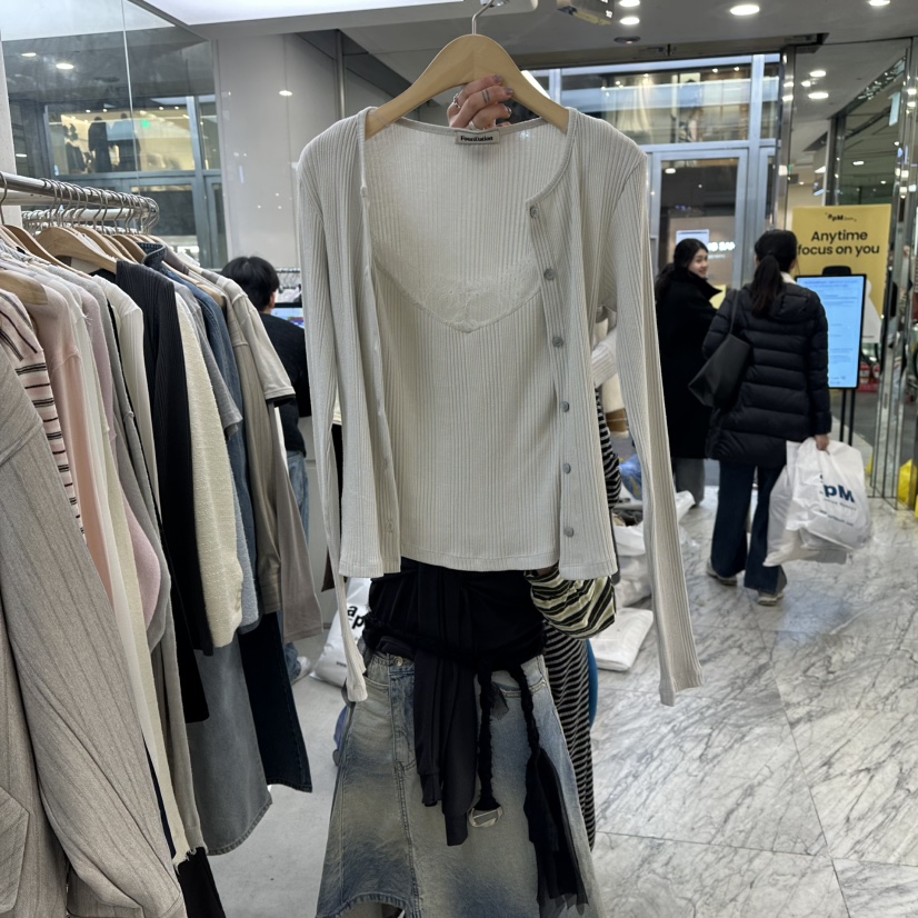 FOUNDATION東大門直郵女士新款休閑針織衫假兩件蕾絲開衫FOUNDATION針織衫圖色4