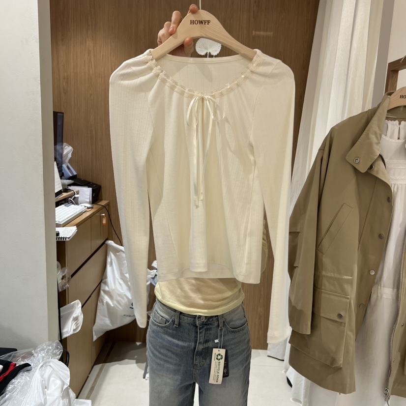HOWFF韓國直郵女裝新品職業休閑26春夏時尚推薦長袖T恤蕾絲HOWFF長袖T恤圖色1
