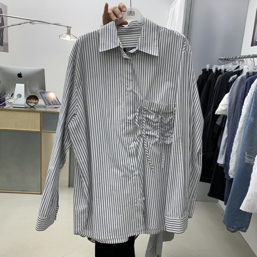 STAINLESS東大門實拍女裝新品熱賣人氣襯衫蕾絲衫褶皺條紋STAINLESS襯衫/蕾絲衫圖色1