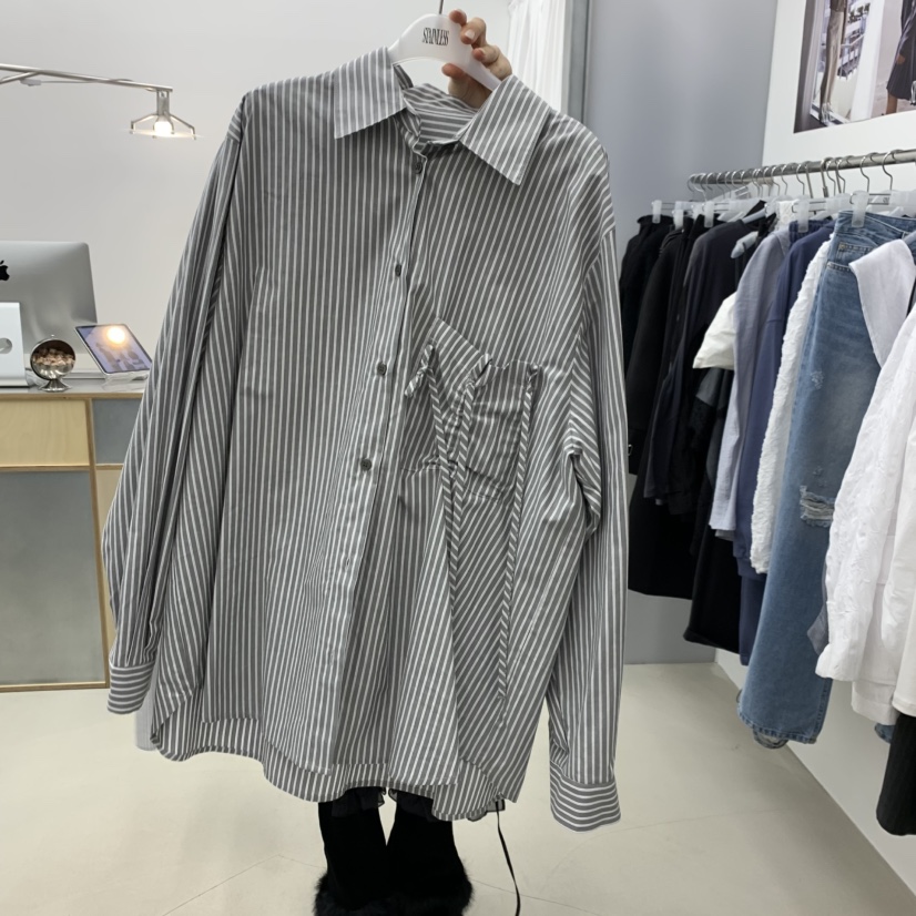 STAINLESS東大門實拍女裝新品熱賣人氣襯衫蕾絲衫褶皺條紋STAINLESS襯衫/蕾絲衫圖色2