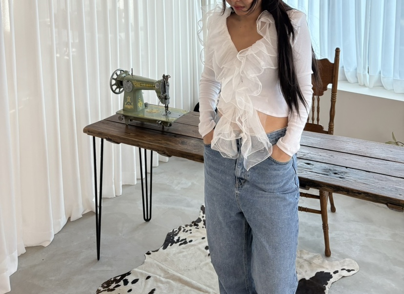 PLATFORM-L韓國直郵女裝新款真品推薦熱賣長袖T恤荷葉邊PLATFORM長袖T恤