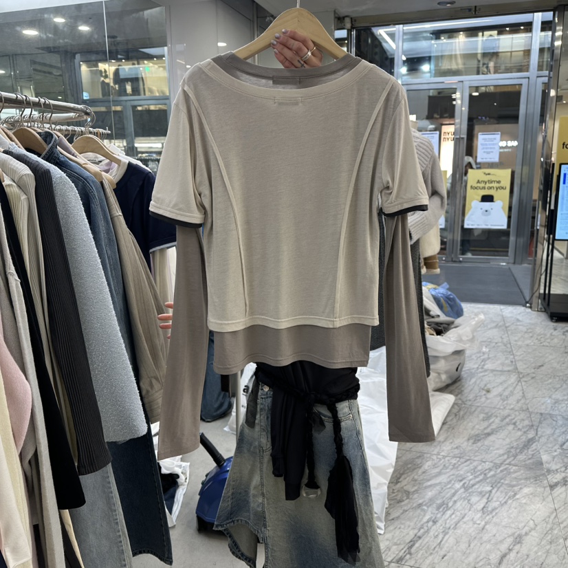 FOUNDATION韓國代購女裝新品26春夏職業長袖T恤假兩件開衫FOUNDATION長袖T恤