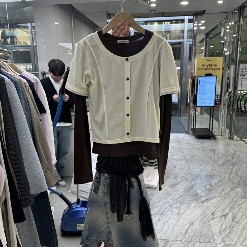 FOUNDATION韓國代購女裝新品26春夏職業長袖T恤假兩件開衫FOUNDATION長袖T恤圖色2