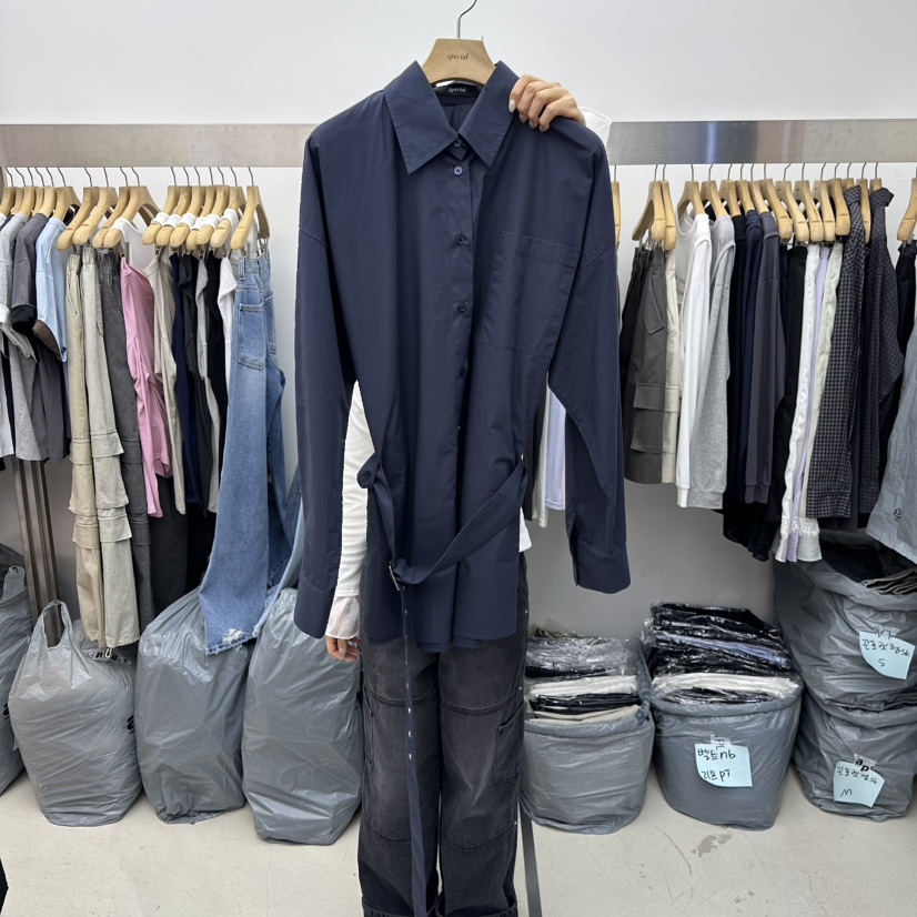 SPECIAL東大門實拍女士新品26春季職業熱賣襯衫蕾絲衫含腰帶SPECIAL襯衫/蕾絲衫圖色3深藍色