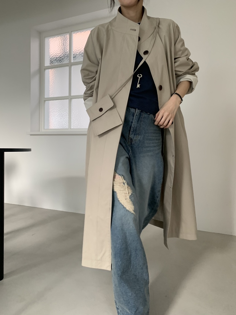 TRUE韓國直郵女士新品熱賣時尚人氣職業長款風衣口袋含包TRUE長款風衣