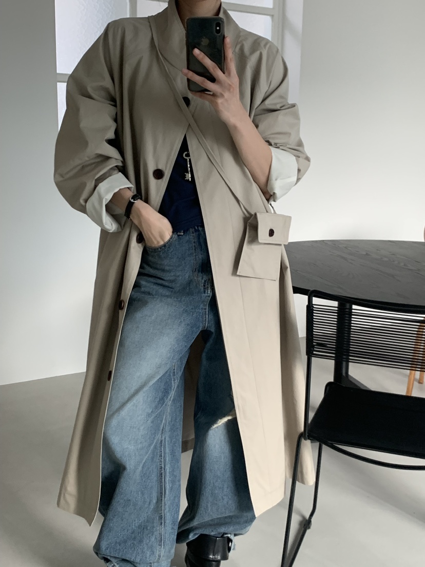 TRUE韓國直郵女士新品熱賣時尚人氣職業長款風衣口袋含包TRUE長款風衣