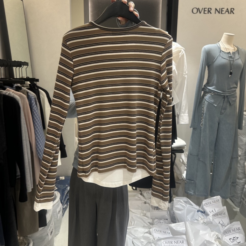 OVER NEAR韓國直郵女士新品職業休閑26春夏長袖T恤假兩件OVER NEAR長袖T恤