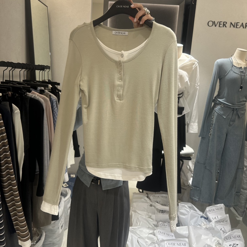 OVER NEAR韓國直郵女士新品職業休閑26春夏長袖T恤假兩件OVER NEAR長袖T恤圖色1