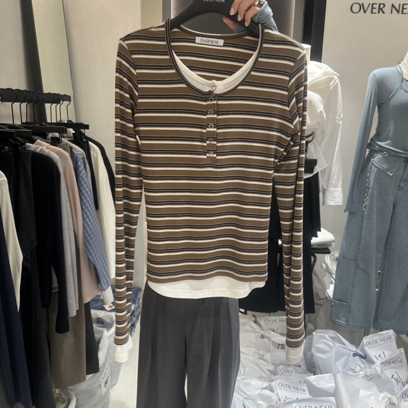 OVER NEAR韓國直郵女士新品職業休閑26春夏長袖T恤假兩件OVER NEAR長袖T恤圖色2