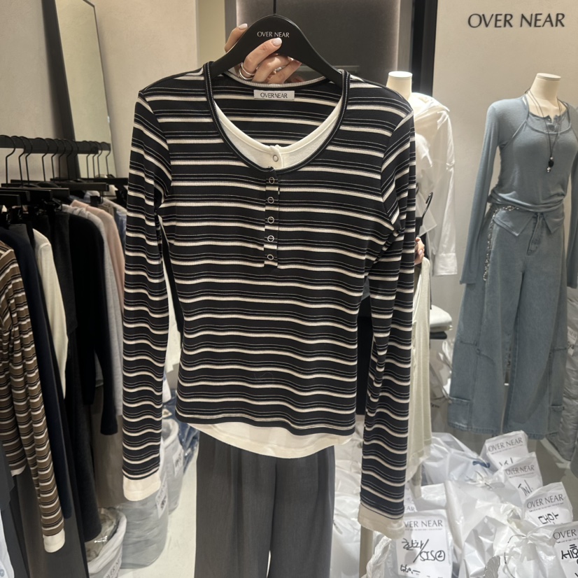 OVER NEAR韓國直郵女士新品職業休閑26春夏長袖T恤假兩件OVER NEAR長袖T恤圖色3
