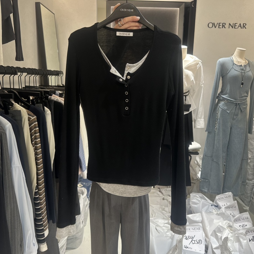 OVER NEAR韓國直郵女士新品職業休閑26春夏長袖T恤假兩件OVER NEAR長袖T恤圖色4