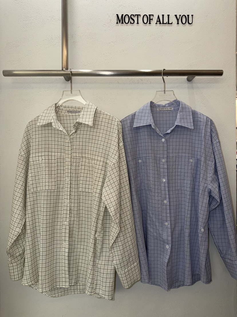 MOST OF ALL U韓國代購女裝新品休閑襯衫蕾絲衫格子寬松MOST OF ALL U襯衫/蕾絲衫