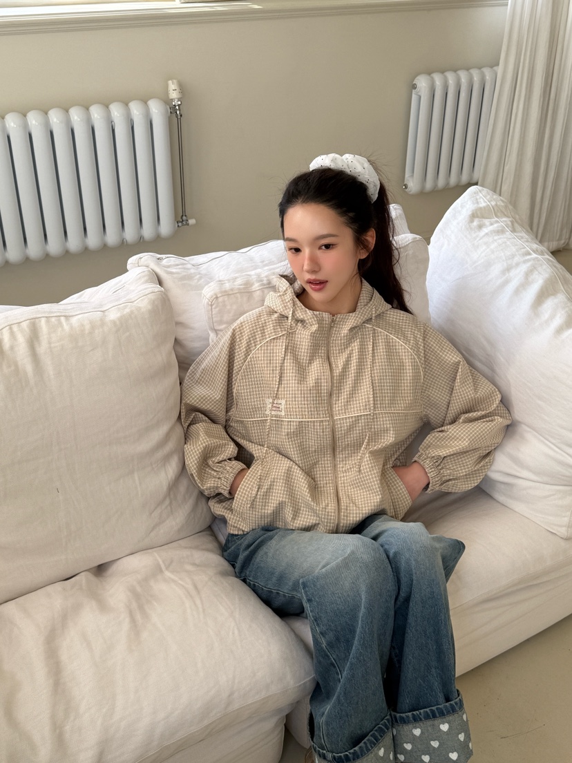 MARKE-P東大門代購女士新款26春季熱賣夾克連帽拉鏈衫格紋MARKE-P夾克