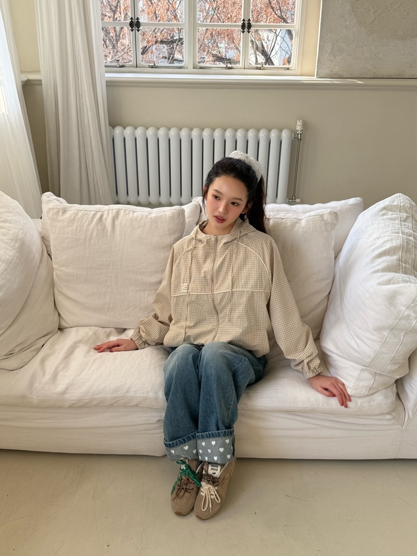 MARKE-P東大門代購女士新款26春季熱賣夾克連帽拉鏈衫格紋MARKE-P夾克