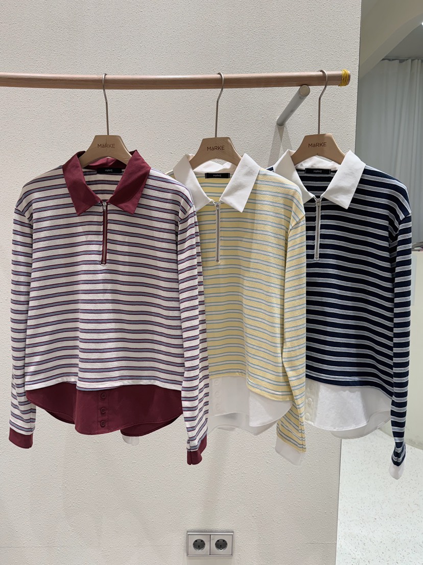 MARKE-P韓國直郵女裝新品推薦職業熱賣人氣長袖T恤拉鏈條紋MARKE-P長袖T恤