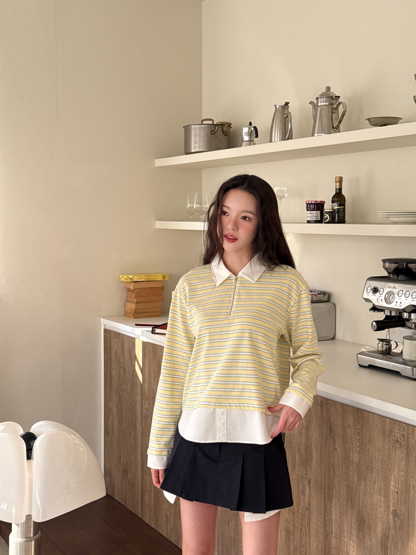 MARKE-P韓國直郵女裝新品推薦職業熱賣人氣長袖T恤拉鏈條紋MARKE-P長袖T恤