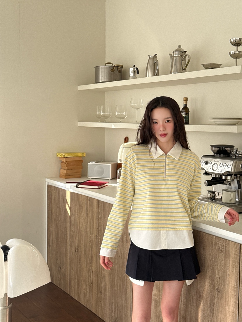 MARKE-P韓國直郵女裝新品推薦職業熱賣人氣長袖T恤拉鏈條紋MARKE-P長袖T恤