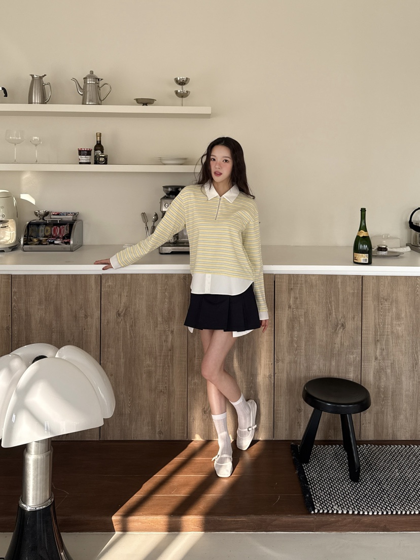 MARKE-P韓國直郵女裝新品推薦職業熱賣人氣長袖T恤拉鏈條紋MARKE-P長袖T恤