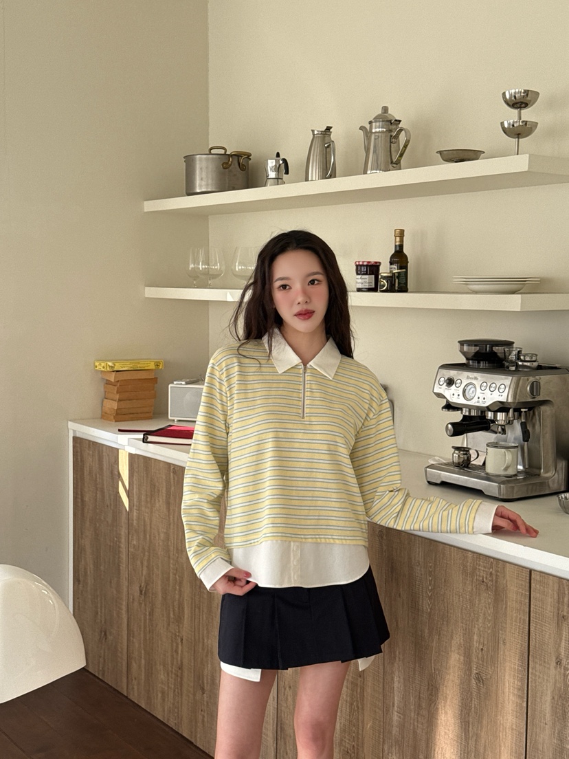 MARKE-P韓國直郵女裝新品推薦職業熱賣人氣長袖T恤拉鏈條紋MARKE-P長袖T恤