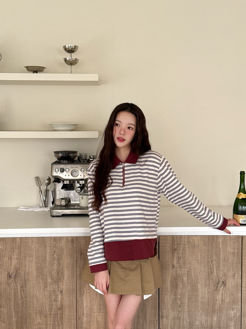 MARKE-P韓國直郵女裝新品推薦職業熱賣人氣長袖T恤拉鏈條紋MARKE-P長袖T恤