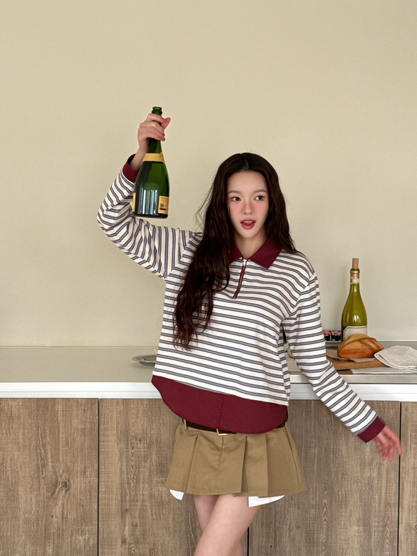 MARKE-P韓國直郵女裝新品推薦職業熱賣人氣長袖T恤拉鏈條紋MARKE-P長袖T恤