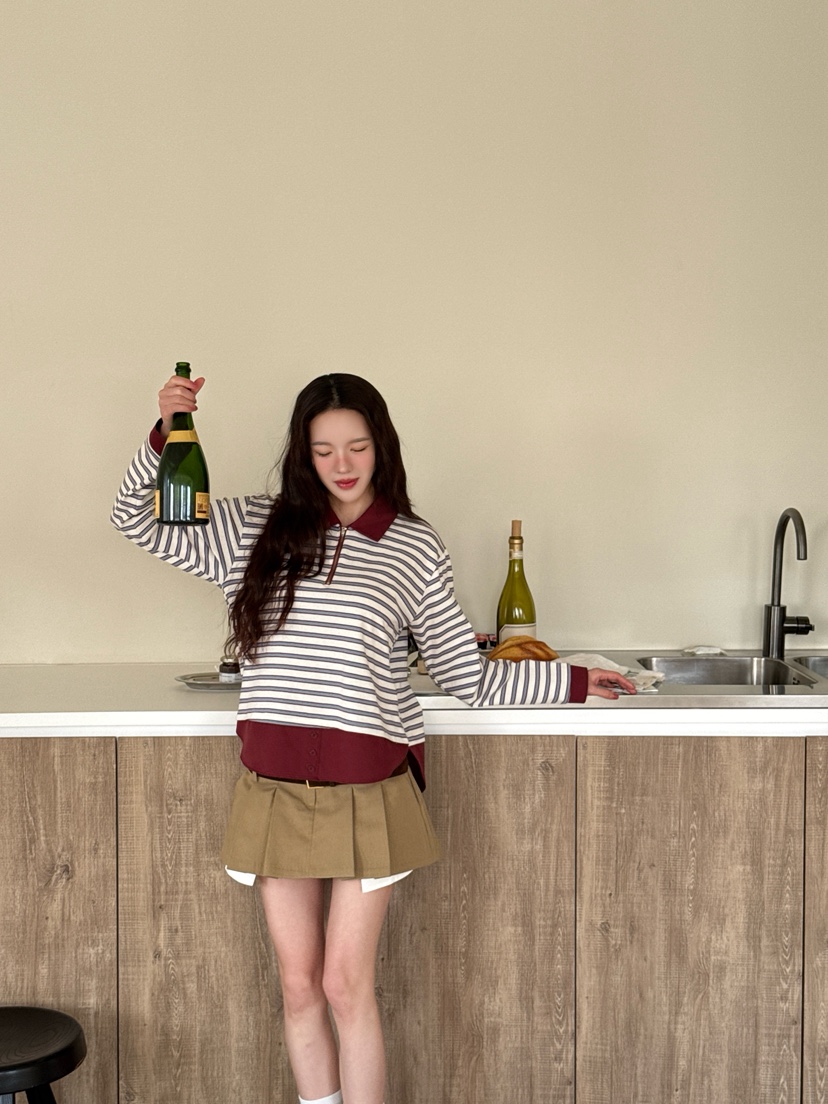 MARKE-P韓國直郵女裝新品推薦職業熱賣人氣長袖T恤拉鏈條紋MARKE-P長袖T恤