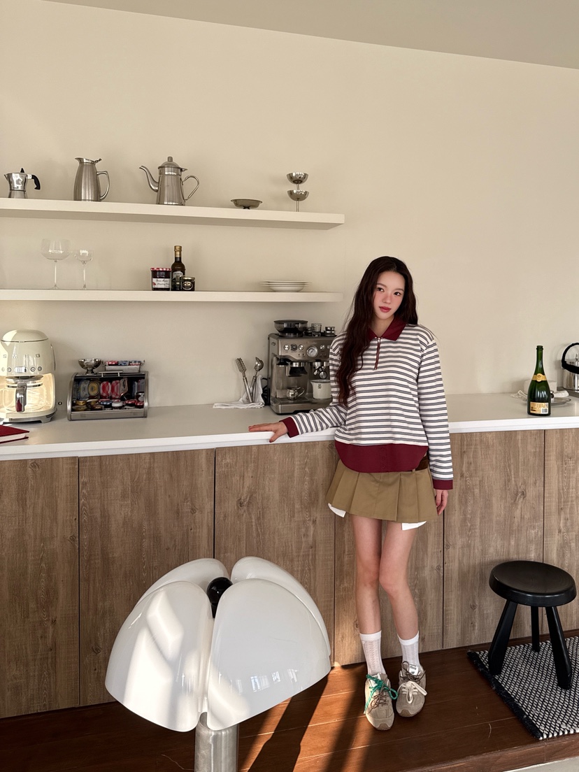 MARKE-P韓國直郵女裝新品推薦職業熱賣人氣長袖T恤拉鏈條紋MARKE-P長袖T恤