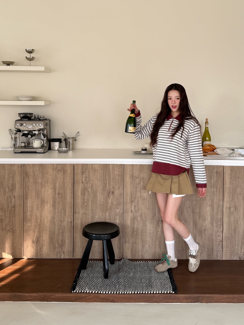 MARKE-P韓國直郵女裝新品推薦職業熱賣人氣長袖T恤拉鏈條紋MARKE-P長袖T恤