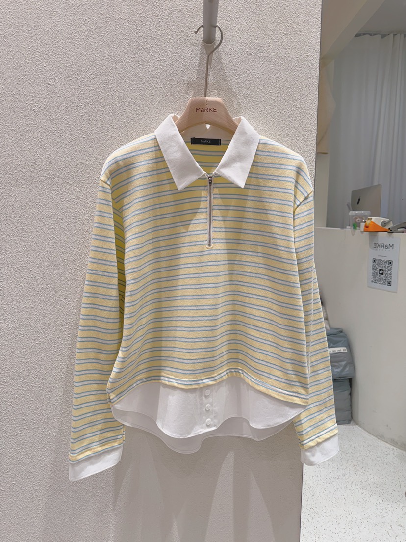 MARKE-P韓國直郵女裝新品推薦職業熱賣人氣長袖T恤拉鏈條紋MARKE-P長袖T恤圖色1